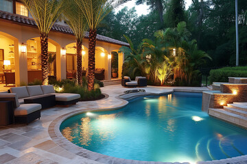 Luxurious backyard with a sparkling pool and comfortable patio furniture - obrazy, fototapety, plakaty