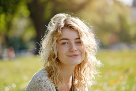 portrait of a young blond woman outdoors with blurry background