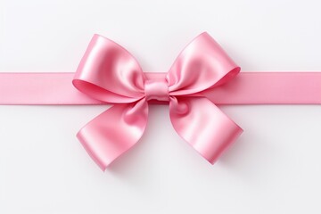A delicate pink satin ribbon bow lies perfectly on a white background, ideal for gifts, celebrations, or decoration.