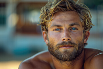 Fototapeta premium portrait of handsome shirtless blond man outdoors