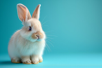 Obraz premium Brown rabbit on pastel blue background with copy space.