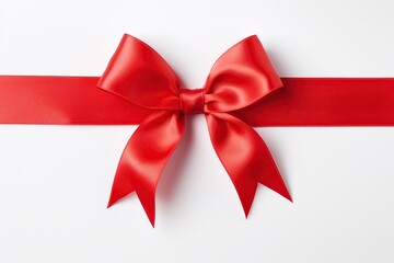 A beautifully tied red satin ribbon bow centered on a clean white background, symbolizing gift-giving and celebration.