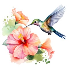 Obraz premium Vibrant Watercolor Garden Clipart Hummingbird Sipping Nectar from Hibiscus