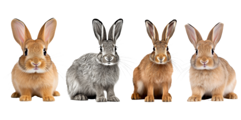 Studio portrait of cute rabbit isolated on transparent png background, happy bunny running on floor, adorable fluffy rabbit that sniffing.
