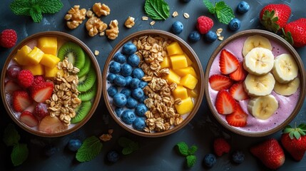 Brighten your day with vibrant smoothie bowls adorned with luscious raspberries, juicy blueberries, sweet mango chunks, and crunchy granola, all artfully arranged amidst fresh mint leaves, creating a 