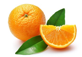 Isolated orange fruit with a slice and vibrant green leaves set against a clean white backdrop