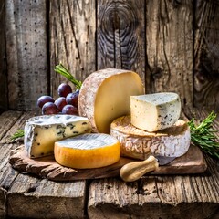 Verschiedene französische Käsesorten arrangiert auf einem Holzbrett, Nahaufnahme.