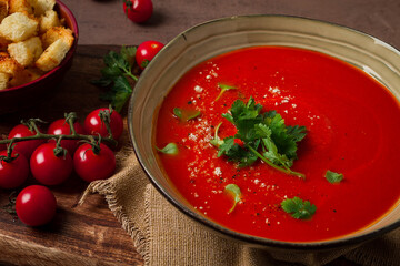 tomato soup, with herbs and spices, homemade, no people,