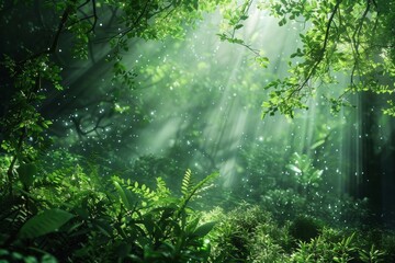 Fototapeta na wymiar Sun rays shining through forest 