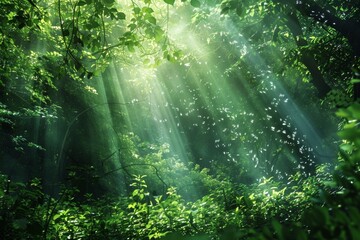 Fototapeta na wymiar Sun rays shining through forest 