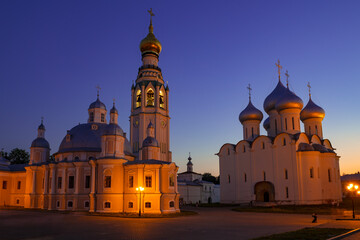 Fototapeta na wymiar Ancient Resurrection and St. Sophia Cathedrals on August night. Vologda, Russia