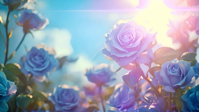 Blue roses against blue spring sky with sunlight. Flower rose edge frame nature 4k video. Beautiful flower plants blooming in the summer or spring
