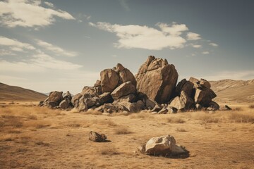 minimalists landscape ai photography, empty desert wasteland at golden hour with group of rocks - obrazy, fototapety, plakaty