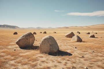 Fototapeta na wymiar minimalists landscape ai photography, empty desert wasteland at golden hour with group of rocks