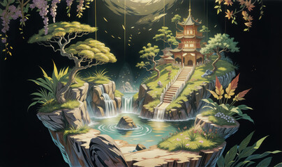 Obraz premium Temple Dragon Amidst Aquatic Serenity with Vibrant Nature and Wildlife Reflection