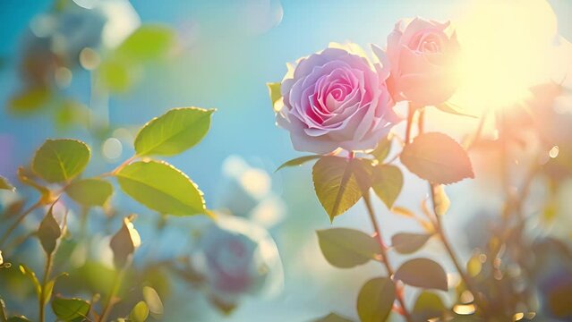 Blue roses against blue spring sky with sunlight. Flower rose edge frame nature 4k video. Beautiful flower plants blooming in the summer or spring