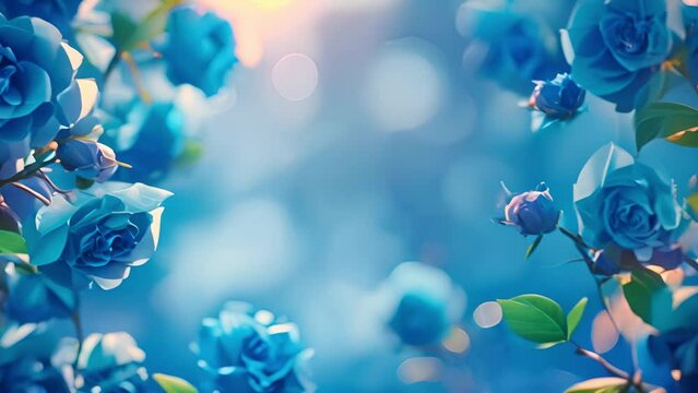 Blue roses against blue spring sky with sunlight. Flower rose edge frame nature 4k video. Beautiful flower plants blooming in the summer or spring