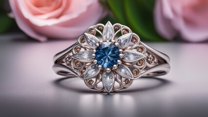 Fototapeta premium Jewelry ring with a blue sapphire and pink roses