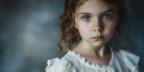 Vintage kid girl dress, Innocence. Portrait of a young child in a white retro old-fashioned dress. 