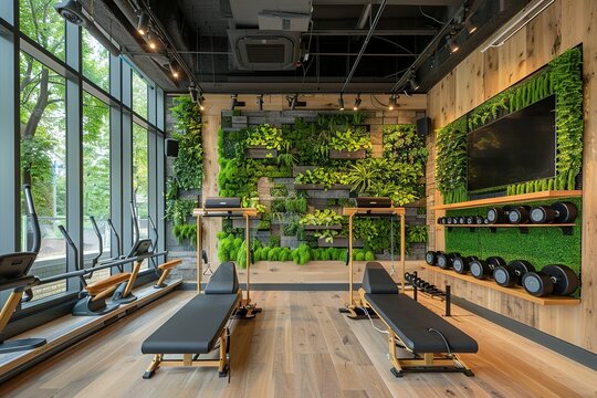 interior of modern gym, gym interior with large windows