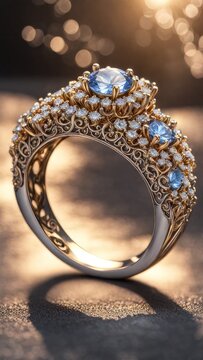 Jewelry ring with blue sapphire and diamonds on background