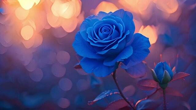 Blue roses against colorful pink,orange,red spring sky background with sunlight. Flower rose edge frame nature 4k video. Beautiful flower plants blooming in the summer or spring