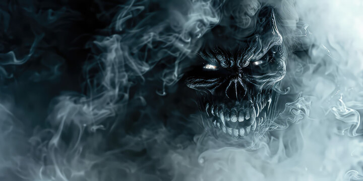 Phantom Visage, Smoke and Mystery. Eerie close-up of ghostly face formed from swirling smoke, horror and supernatural, copy space.