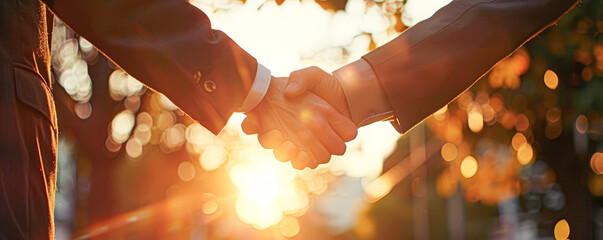 Close-up of a firm handshake against a bright, bokeh background, symbolizing trust and agreement. - Powered by Adobe