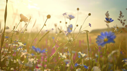 Field of wildflowers with sunlight in the background