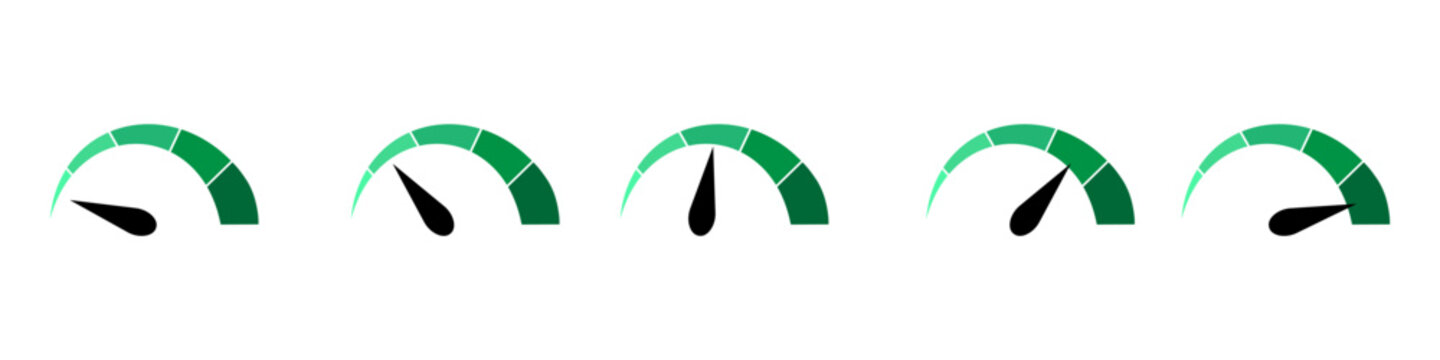 Dashboard green speedometer icons. Performance indicator sign. Evaluation of connection quality or speed. Stock Vector 