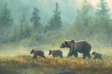 bears and cubs go on a walk together Generative AI