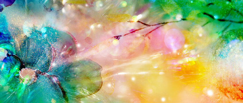 K&uuml;nstlerisches florales Banner mit funkelnder Bl&uuml;te und spr&uuml;henden Lichtf&auml;den, die die Pflanzen wie magisch miteinander verbinden - so, als wollten sie zu Wachstum, Gedeihen und Farbenpracht anregen