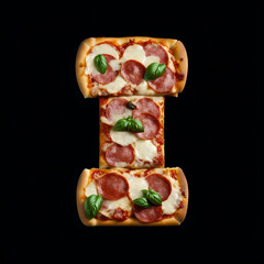 Alphabet I made from pizza on black background, Generative AI