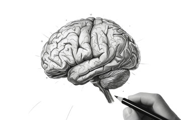 Drawing of a Human Brain With a Pencil. A detailed black and white drawing of a human brain created using a pencil, showcasing the intricate structures and complexity of the human mind. - obrazy, fototapety, plakaty