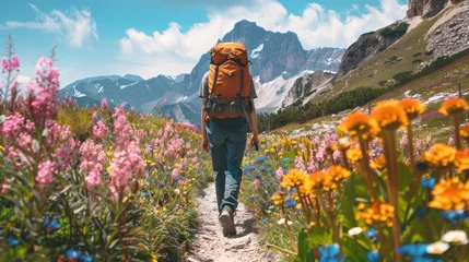 Tuinposter Hiker walking to mountains. Travel and camping adventure lifestyle with outdoor activity. Vacation concept  © Ilmi