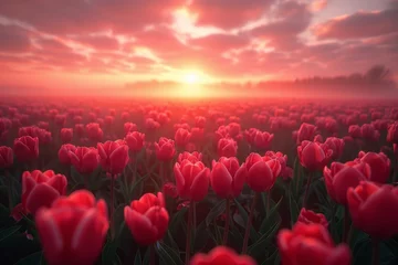 Poster As the fiery sun sets behind a sea of vibrant red tulips, the sky transforms into a canvas of swirling clouds, casting a dreamy glow over the tranquil outdoor field in the midst of spring © familymedia