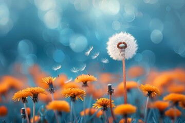 Amidst the vibrant greens of the outdoors, a delicate dandelion unfurls its sunny yellow petals, releasing a flurry of seeds into the wind, a symbol of resilience and hope