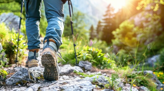 Trekking. Men's legs with sports shoes and a backpack run along a mountain path. Travel and camping adventure lifestyle with outdoor activity 
