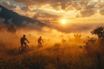 Obraz na płótnie Canvas As the fog rolled in, two adventurous souls rode their bicycles through the misty landscape, surrounded by towering trees and the ever-changing sky, chasing the rising sun on the horizon