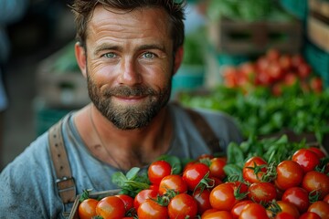 A rugged man with a bushy beard and mustache proudly holds a basket of locally grown, vibrant tomatoes at an outdoor market, embodying the essence of natural, whole food and promoting a plant-based, 