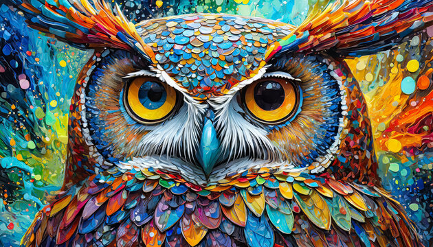 Visage d'un hibou avec des mosaiques de peinture color&eacute;e