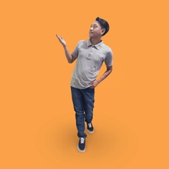 Image of a handsome man on an isolated orange background holding an imaginary space in the palm of...