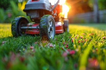 A red lawn mower glides effortlessly over the lush green grass, its wheels spinning and cutting through the outdoor oasis with ease