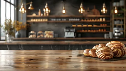 Tuinposter Bakkerij upscale bakery - long table with modern kitchen background