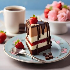 chocolate cake with strawberries and cup of coffee with colored flower