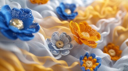 Hand embroidered blue - yellow flowers