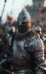 Ultra realistic crusader or medieval knight with armor, battle worn, equipped for war. Professional soldier closeup portrait. - obrazy, fototapety, plakaty