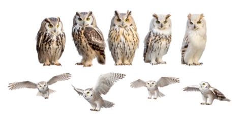 Collection of white owl isolated on a white background as transparent PNG