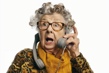 surprised aged woman with telephone - obrazy, fototapety, plakaty