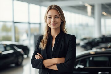 Confident female sales associate posing in a modern car showroom, representing professionalism and trust